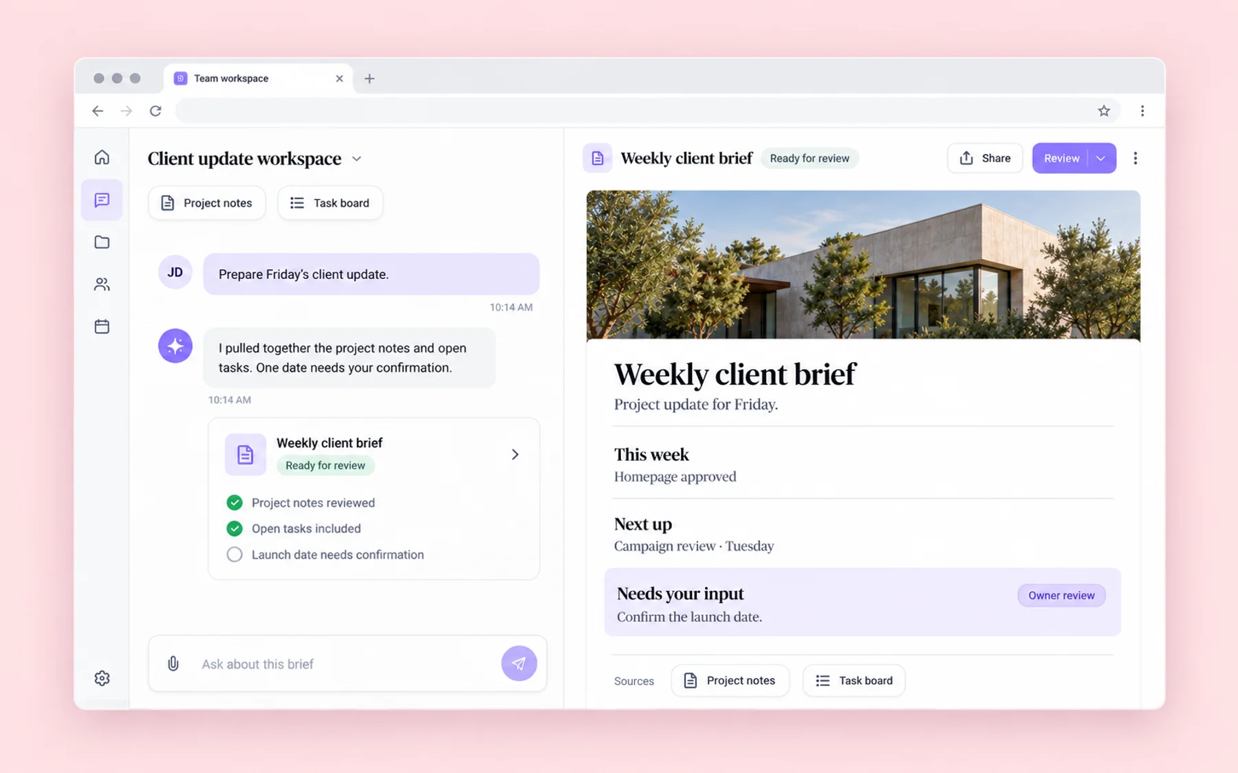 A conversation preparing a weekly client brief from project notes and open tasks