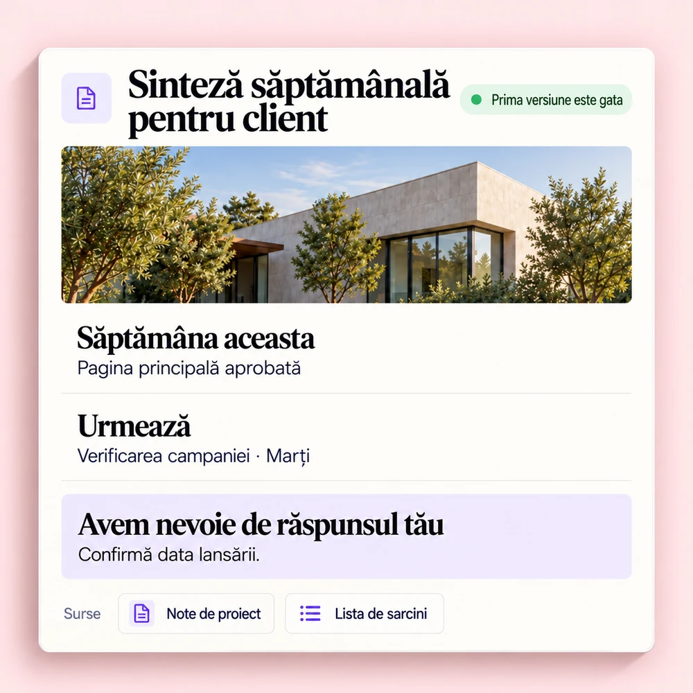O sinteză pentru client cu activități finalizate, pașii următori și o dată de confirmat
