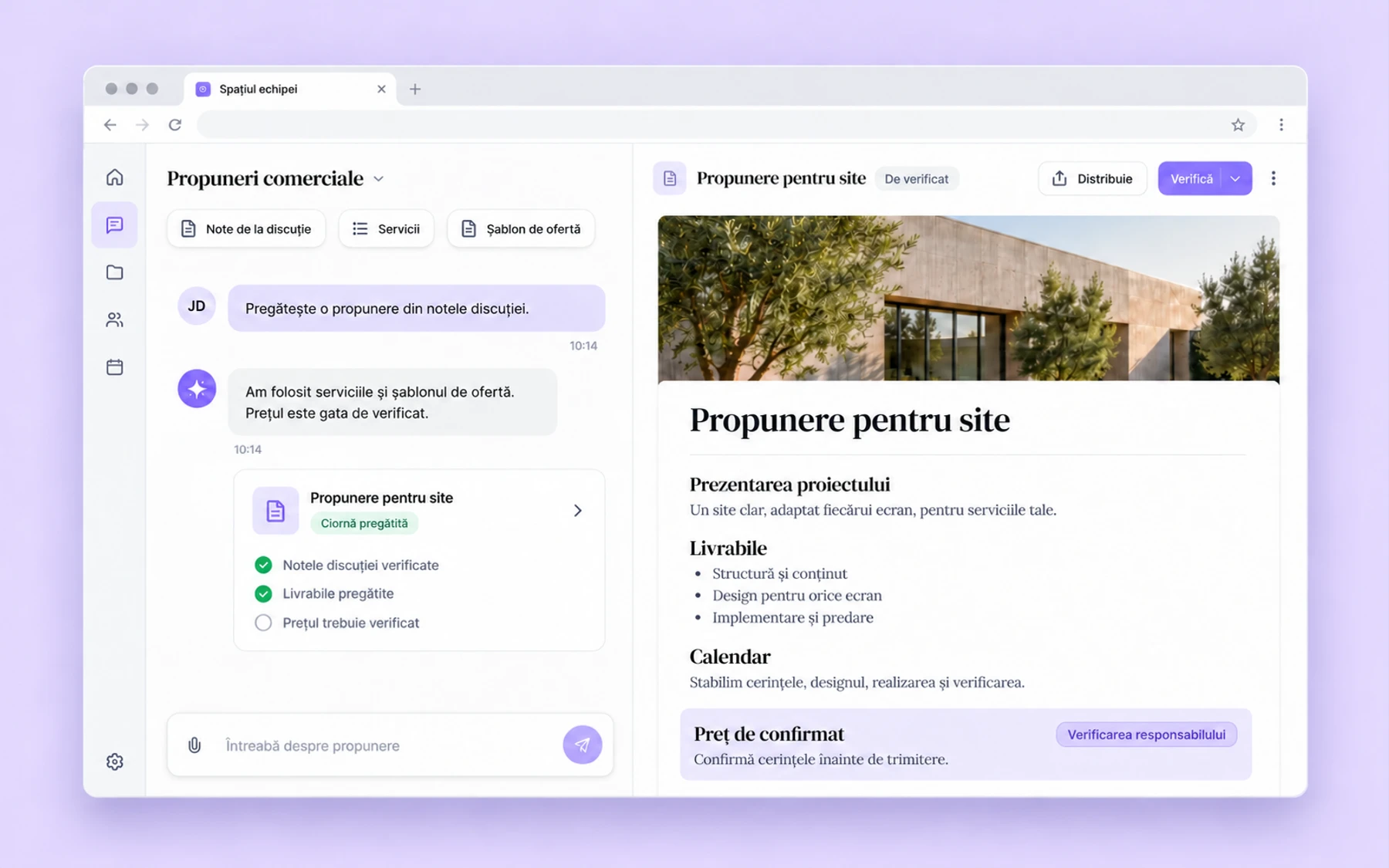 O conversație care transformă notele inițiale și șablonul aprobat într-o propunere pentru un site