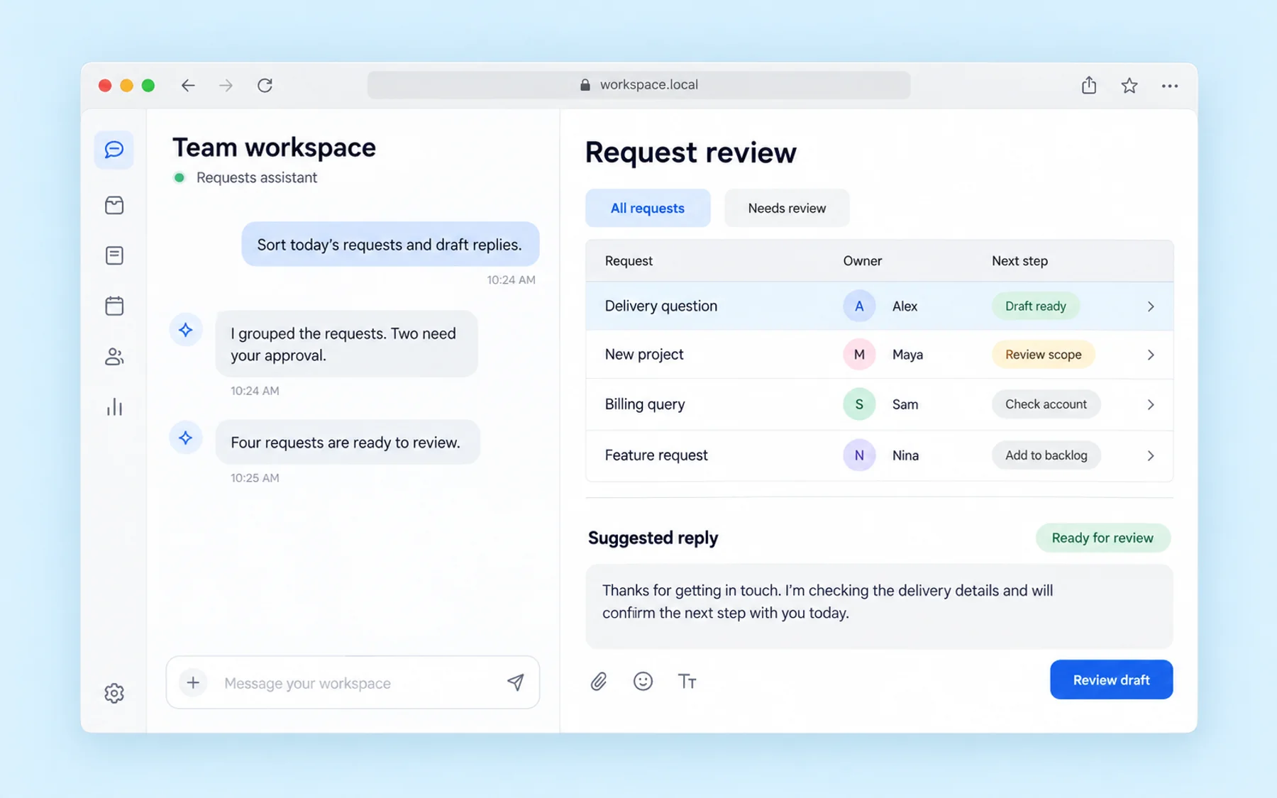 A conversation sorting requests and preparing replies for the team to review