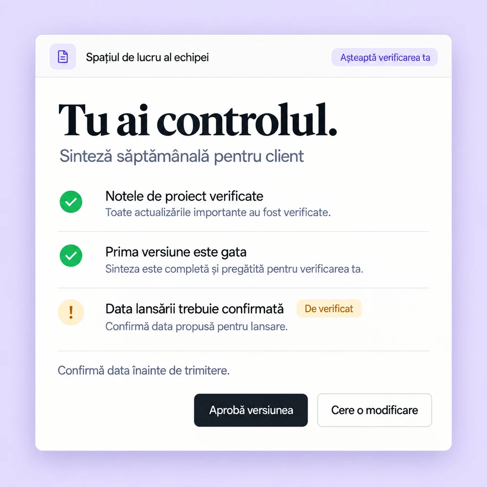 Sinteza pentru client așteaptă confirmarea datei și aprobarea unei persoane