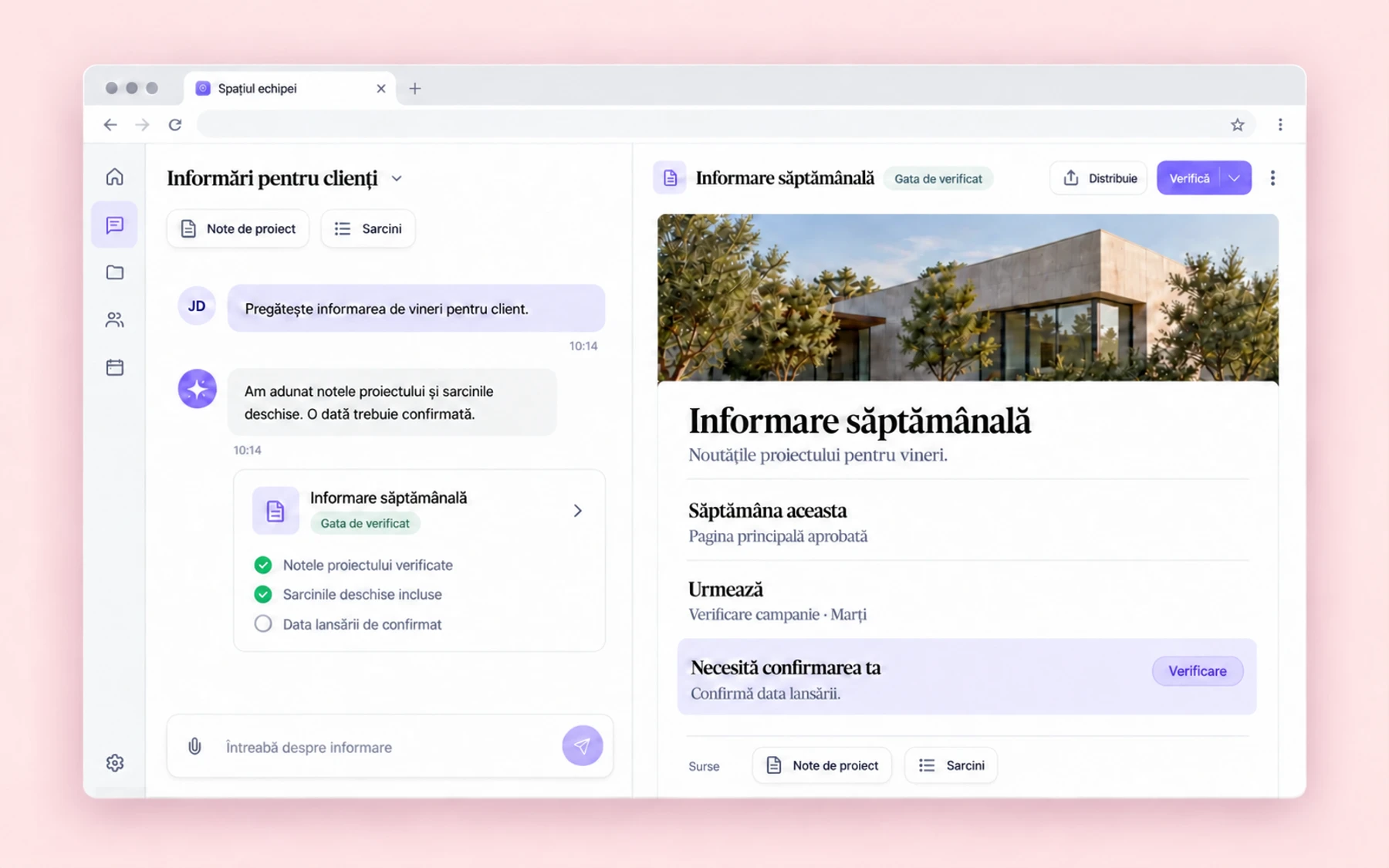 O conversație care pregătește sinteza săptămânală pentru client din notele de proiect și sarcinile deschise