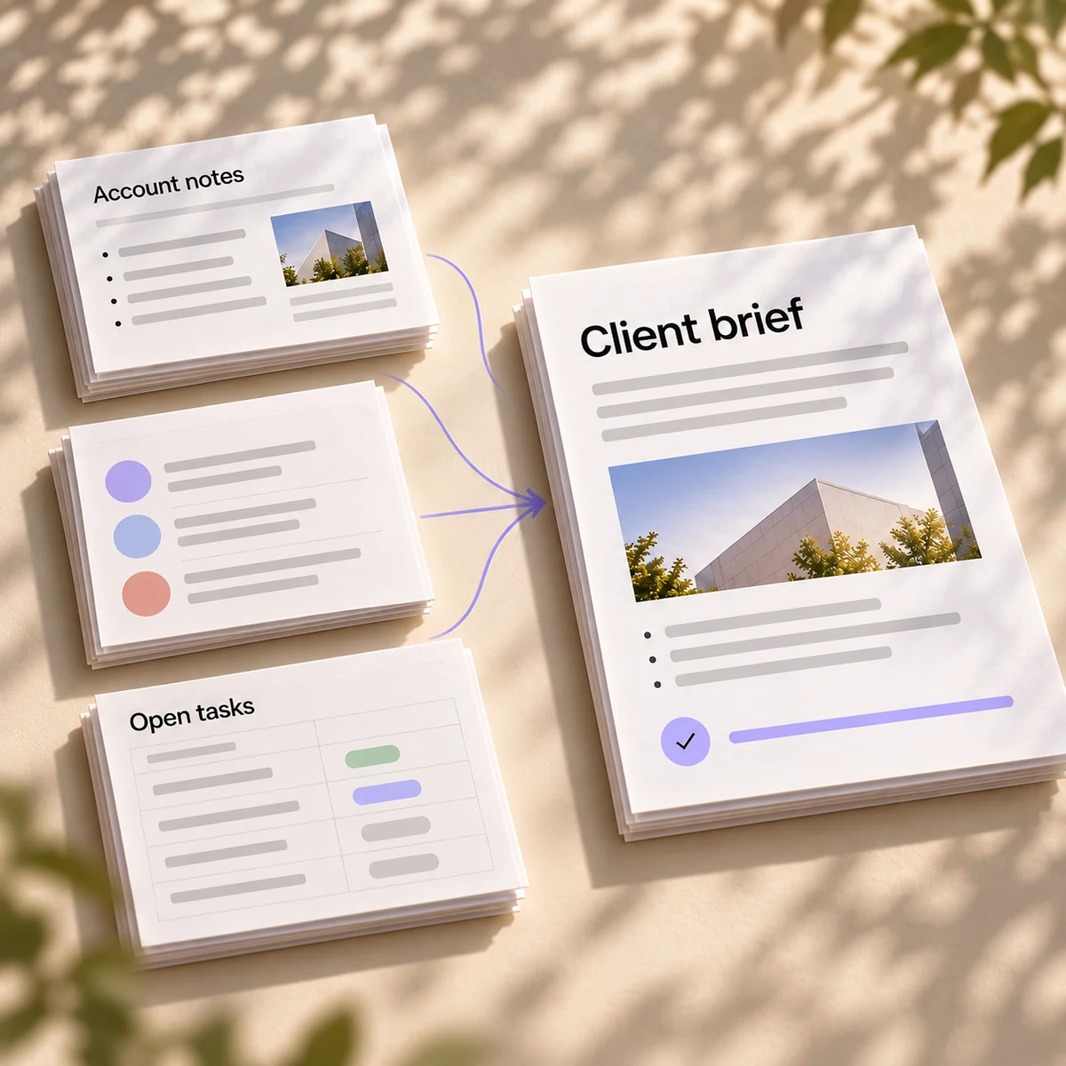 Account notes, messages and open tasks brought together into a client brief