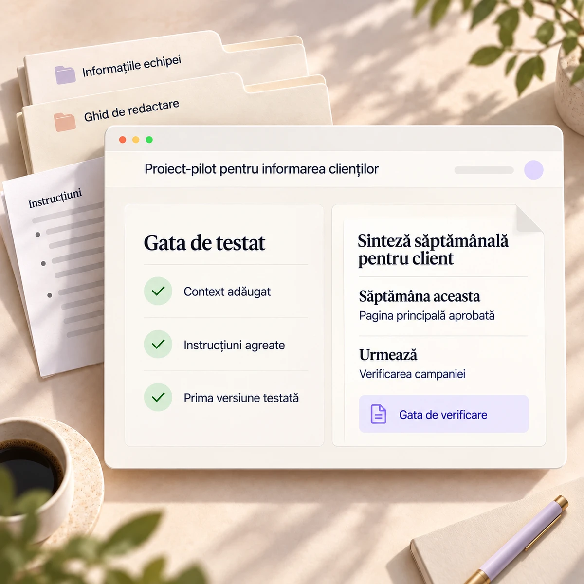 Un proiect-pilot pentru informarea clienților, cu informațiile echipei, instrucțiuni agreate și o primă versiune a mesajului pregătită pentru verificare.