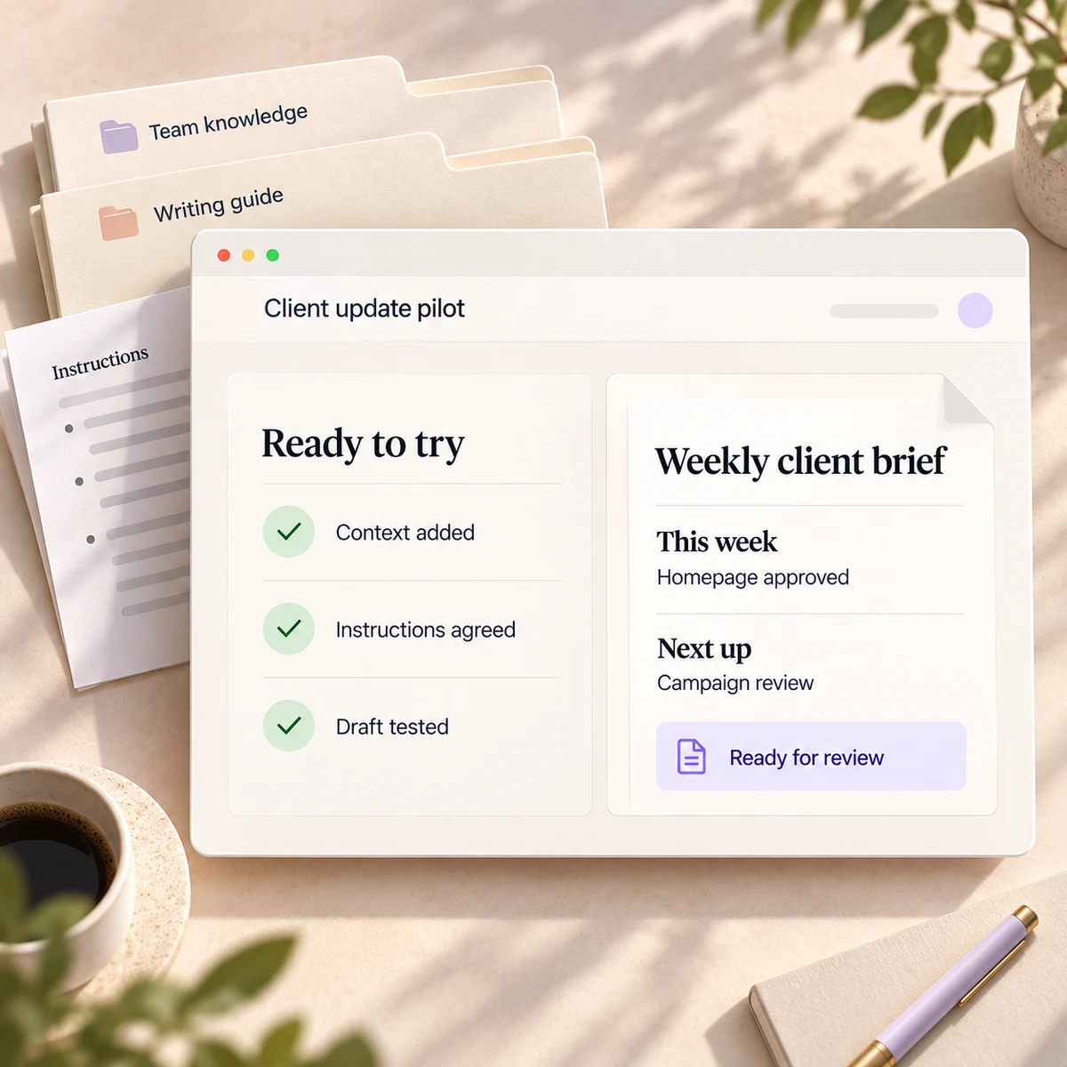 A client update pilot with team knowledge, agreed instructions and a draft ready for review.