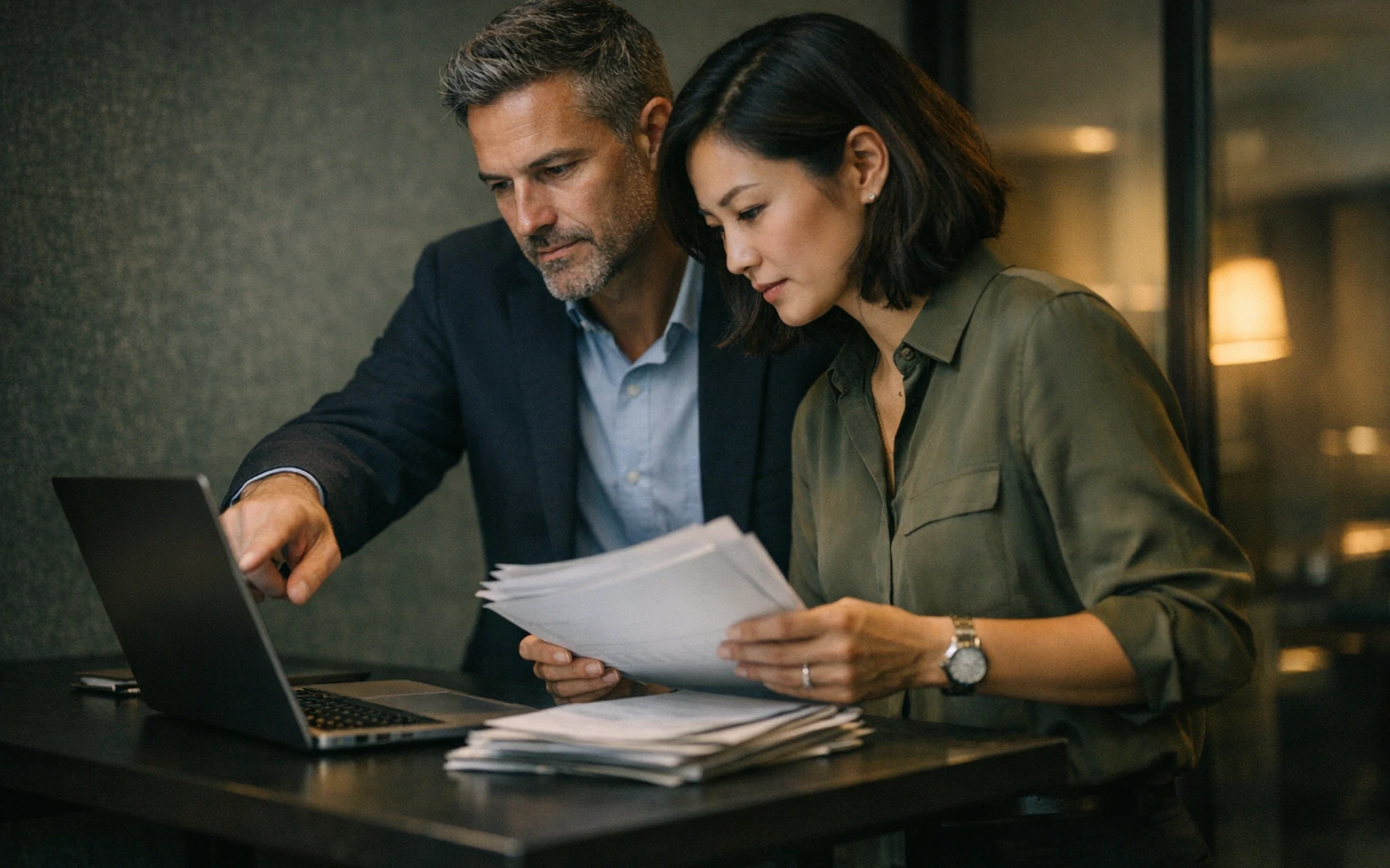 Finance operators reviewing documents and a laptop together in a dark office