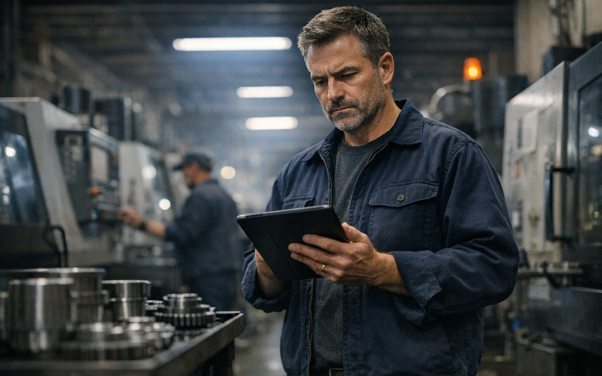 Responsabil de operatiuni manufacturing verificand o tableta pe linia de productie langa utilaje CNC